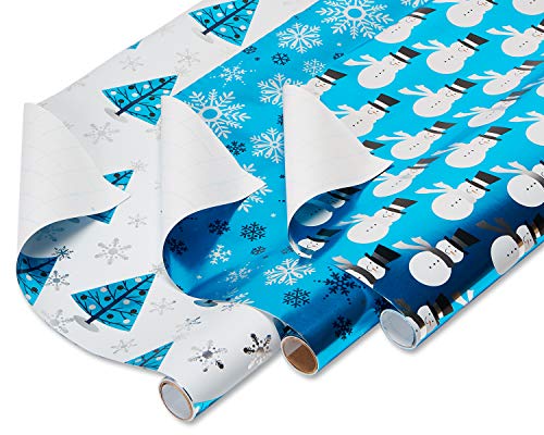 American Greetings Foil Christmas Bulk Gift Wrapping Paper Bundle with Gridlines, 3 Rolls; Snowmen, Snowflakes, and Trees, 90 Total sq. ft.
