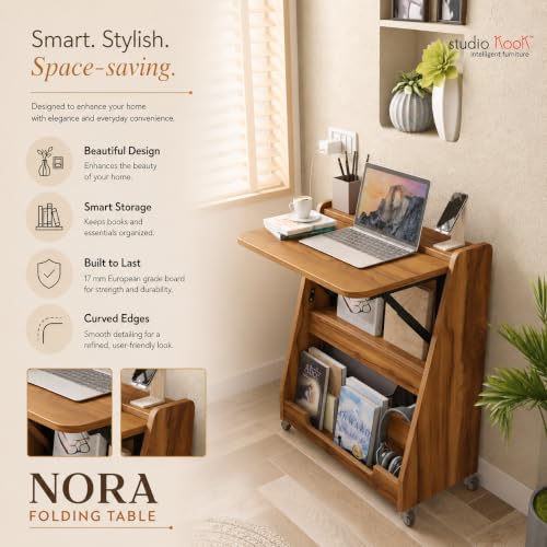 Image of Studio Kook Nora Folding Table (Study Table, Multipurpose Desk with Wheels, Engineered Wood, Matte Finish) (Amber Walnut)