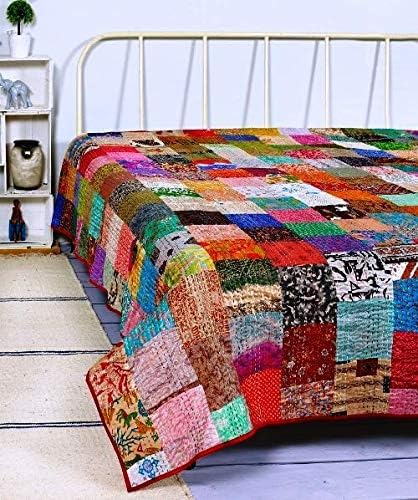 BOHEKANT Handicraft Silk Kantha Quilt Kantha Bed Cover Kantha Blanket Throw Handmade Kantha Bedspread-01 (Queen, 90x108 inches, Double Bed)-image-47