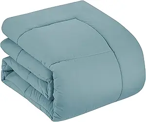 Sweet Home Collection 7 Piece Comforter Set Bag Solid Color All Season Soft Down Alternative Blanket & Luxurious Microfiber Bed Sheets, Misty Blue, Queen