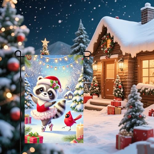Image of BlissYard Garden Flag Raccoon Cabin Red Hat Winter 12x18 Inch Polyester