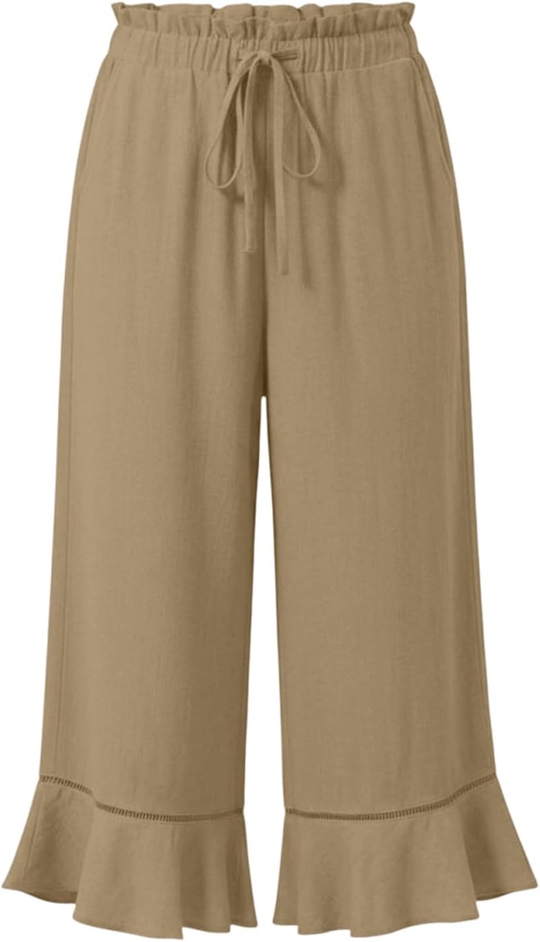 Capri Pants for Women Wide Leg Summer Capris Pant Ruffle Hem Palazzo Loose Fit Casual Trendy Trousers with Pockets