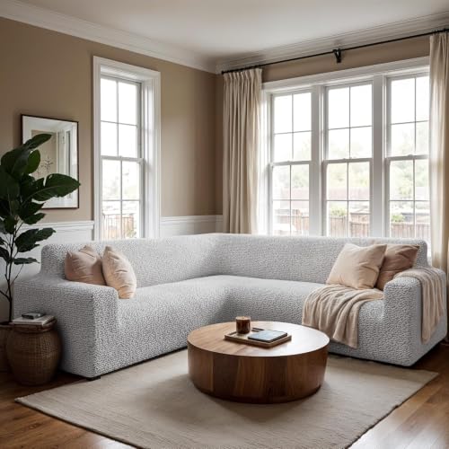 Image of Bellissima Sofa Covers - Premium Luxury Microfibra Plain Stretchable Corner Sofa Cover Fully Covered Slipcover, Imported from Italy (Pearl)