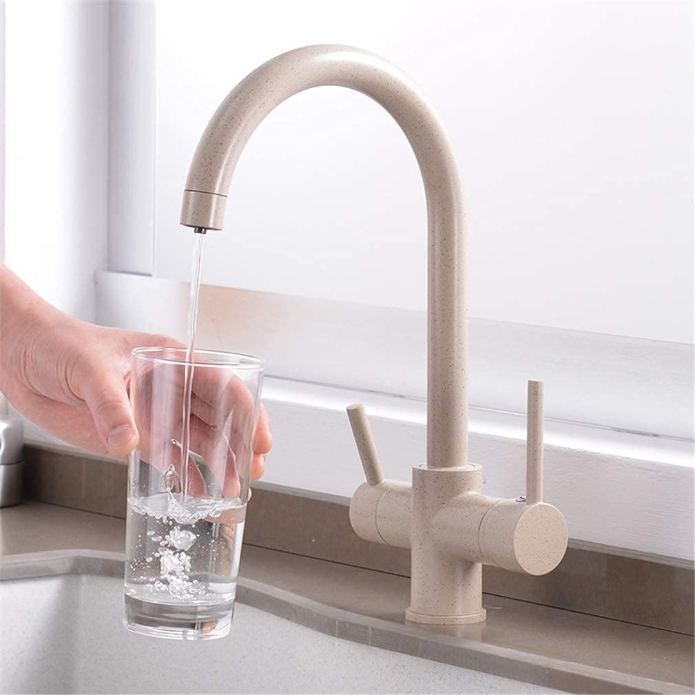 HTTGDGDH Beige Kitchen 3Way Water Filter Tap 360° Swivel Spout Deckmount Design Dual Handle Kitchen Mixer ium Drinking Water Stylish & Functional,