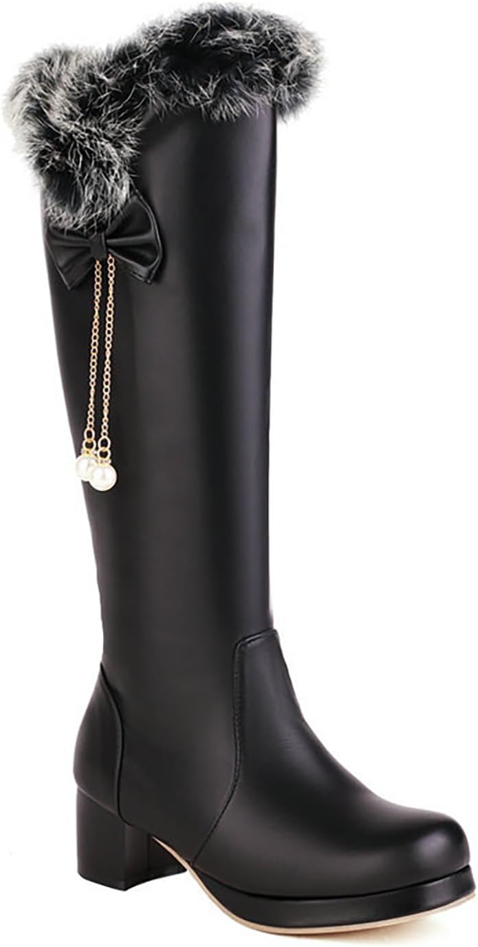 Women'S Winter Low Block Heel Thigh High Snow Boots Fashion Thick Rabbit Fur Collar Comfort Warm Waterproof Slip-On Tall Snow Boots