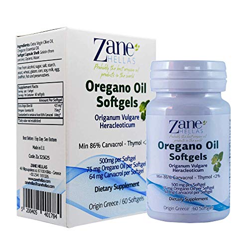 Zane Hellas High Quality Oregano Oil Softgels. Extra Strength. Every Softgel Contains 15% Pure Greek Essential Oil of Oregano. 64 mg Carvacrol per Softgel. 60 Softgels.