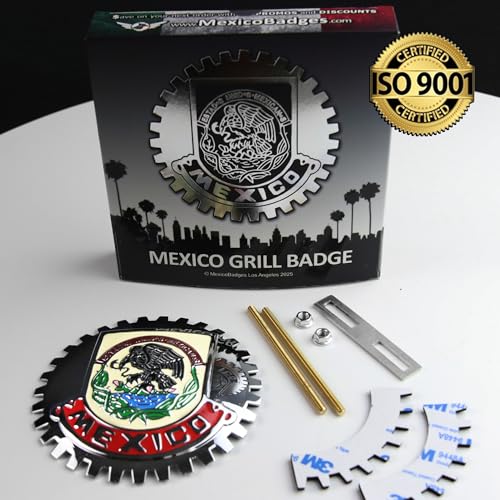 Image of Premium Mirror Chrome Red ISO 9001 Mexico Eagle Flag Grill Badge Mexican Emblem for Trucks and Cars