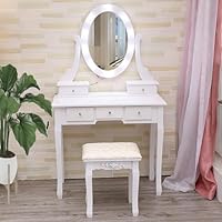 Garvee Girls Makeup Vanity, Modern Vanity Set with Lighted Mirror and Cushioned Stool, Make Up Table with 5 Drawers for Bedroom, Dressing Table for Kids Women