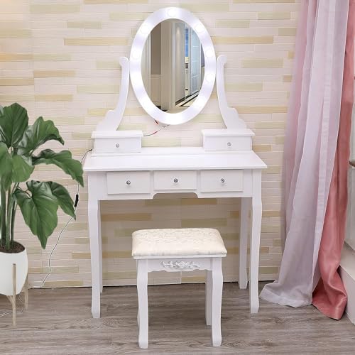 GarveeHome Modern Makeup Vanity, Girls Vanity Set with Lighted Mirror and Cushioned Stool, Make Up Table with 5 Drawers for Bedroom, Dressing Table fo