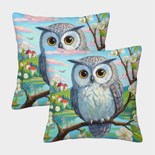 Fundas De Cojines con Búho Juego De 2 Funda Almohadón Flores Blancas Búho Lavable Poliéster Decorativo para Sofá Coche Cama Sillas 40x40cm
