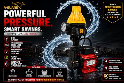 Image of V Guard 1hp Automatic Pressure Booster Pump 100% COPPER WINDING Superior Durability for Household (Upto 3 Bathrooms), 1 Year ON-SITE Warranty, Multicolor
