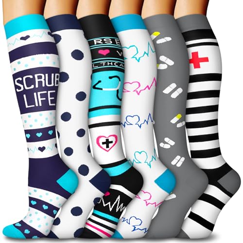 Image of FuelMeFoot 6 Pairs Compression Socks for Women & Men 15-20mmHg Graduated Support Knee High Socks for Nurses, Travel, Athletic