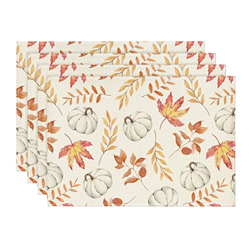 Artoid Mode Orange Maple Leaf Pumpkin Fall Placemats Set of 4, 12x18 Inch Seasonal Autumn Table Mats for Party Kitchen Dining Decoration