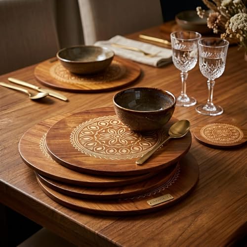 Image of Round Wooden Trivet,Place Mate Set of 4 (20cm) |Bamboo Table Mats with Engraved Design | Heat Resistant Hot Pot Stand| Dining Table Protector | Wooden Coaster for Kitchen & Cookware (20x20 cm)