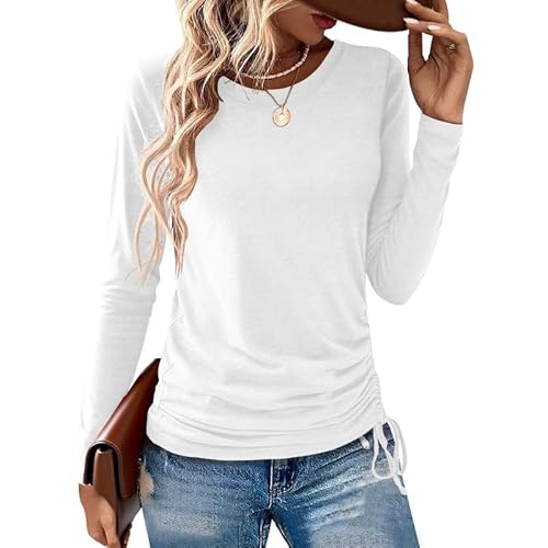 AIZHINENG Womens Long Sleeve Shirts Crewneck Tops Casual Fall Spring Trendy T-Shirts Outfits Clothes 2025 White