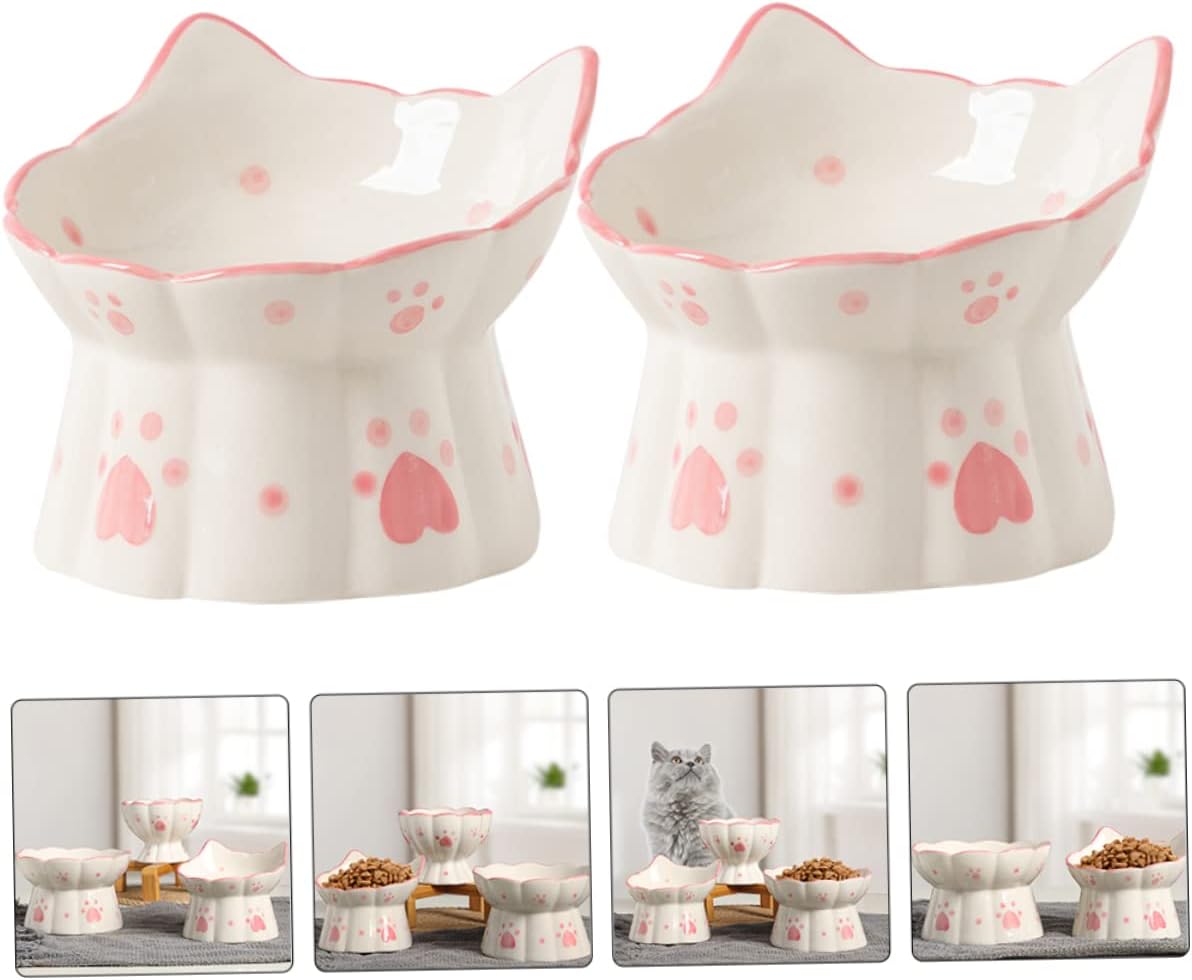 Wakauto 2pcs Elevated Ceramic Pet Food Feeder Bowls with Neck Protection Tilted Raised Design for Spill Prevention Capacity Food and Water Bowls for Cats and Dogs
