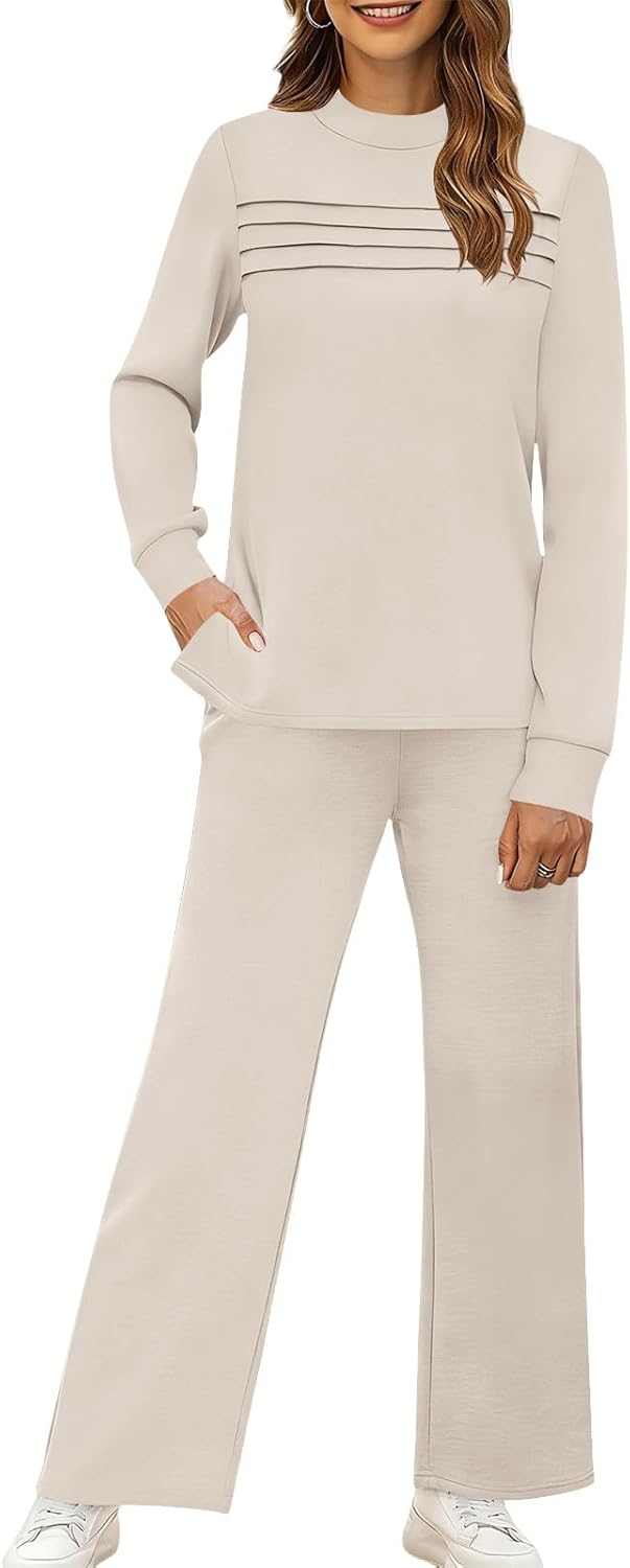 Womens Sweatsuits 2 Piece Sets Travel Outfits Spring Matching Lounge Set Long Sleeve Pleated Shirts Wide Leg Pants