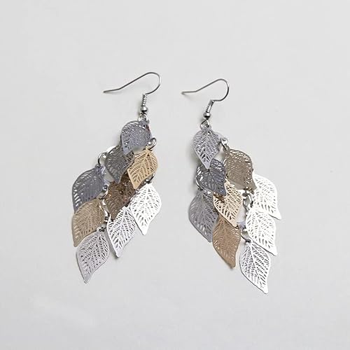 1 Pair Copper Filigree Leaves Earring Hollow Out Leaf Tassel Dorp Long Dangle Earring for Girl and Women - (Metal Color: 6)