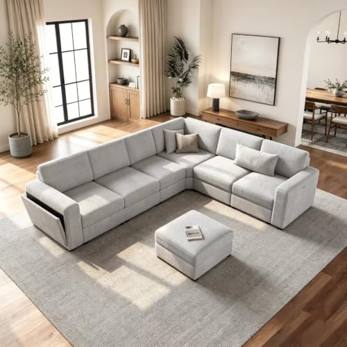Vesgantti Modular 6-Seater Chenille L Shaped Sectional Sofa, Light Grey