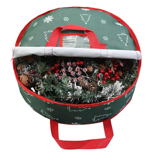YiYa Christmas Wreath Storage Bag 60CM Waterproof Garland Storage Box Christmas Wreath Storage Container With Handles Card Slot for Xmas Holiday (Green）
