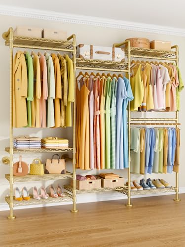 Image of ULIFHOME M6 Clothes Rack for Wall Mounted, Heavy Duty Closet Wardrobe | Wall Mounted Garment Rack with 8 Shelves and 4 Hanger Rods, Clothing Storage Organizer System for Holding 1064lbs, Gold