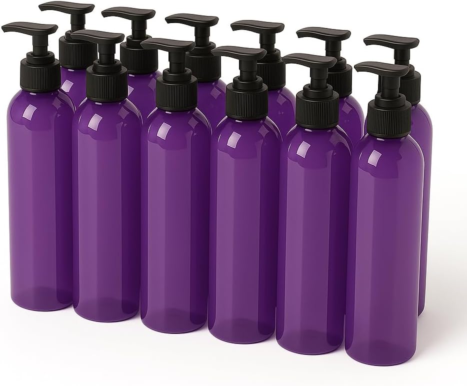 Royal Massage 8 oz Bullet Pump Bottle – Refillable Massage Oil, Lotion, Soap, Shampoo Dispenser – BPA-Free PET with Black Locking Pump – UV-Resistant for Essential Oils (Purple, 12)
