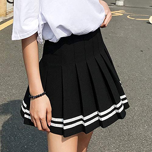 Seazoon Women's High Waist Pleated Cosplay Cheer Skirt Mini School Tennis Skirts Thanksgiving Day Christmas Skirt, Black+white Stripe, L
