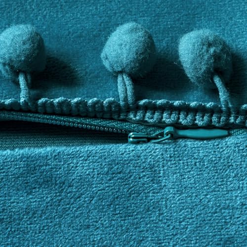 DEZENE Throw Pillow Cases 18x18 Turquoise: 2 Pack Cozy Soft Pom-poms Velvet Square Decorative Pillow Covers for Farmhouse Home Decor