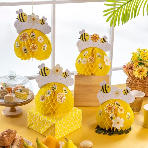 EASY JOY 4Pcs Bee Honeycomb Centerpieces Yellow Table Centerpieces Decorations Spring Tissue Paper Honeycomb with Sunflower Stickers for Bee Themed Garden Party Baby Shower Birthday Party Decorations - Image 7