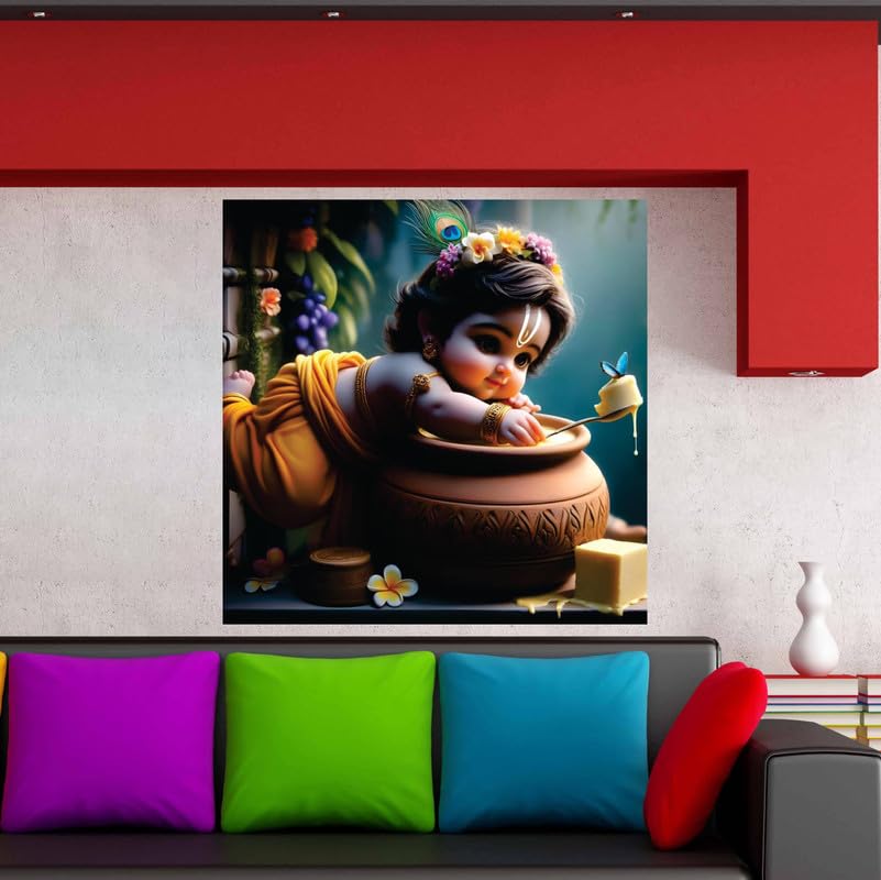 Image of British Terminal Cute little Bal Gopal Baby God Krishna| Kanha Ji | Laddu Lord Makhan Chor Painting Religious Poster for Pregnant Women for wall (matt thin vinyl,sticker,multicolor,unframed)| bj179