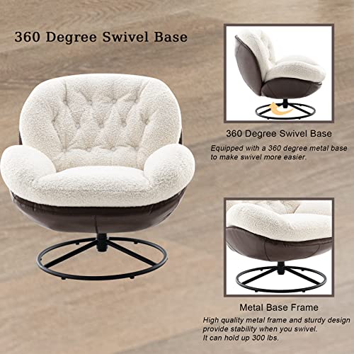 Zhenghao Swivel Accent Chair With Ottoman, Mid Century Modern Faux Fur Lounge Chair With Footrest, Comfy Fluffy Armchair With 360 Degree Metal Base For Reading/Living Room/Bedroom, White #TOP3