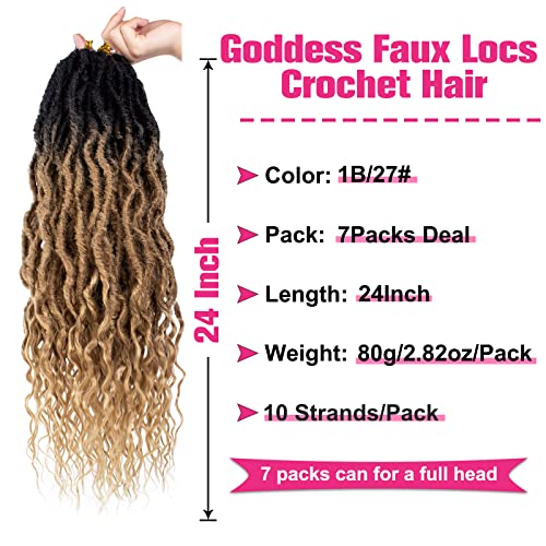 Unionbeauty 24Inch Boho Queen Locs Crochet Hair Pre-Looped Goddess Faux Locs With Curly Ends Wavy Gypsy Locs Bohemian Locs 7 Packs Soft Locs Synthetic Braiding Hair Extension For Black Women #1B/27 #TOP1
