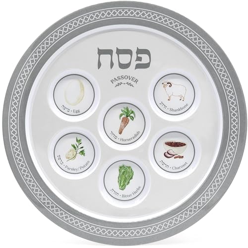 The Dreidel Company Passover Classic Silver Seder Plate, Melamine Silver Design Passover Seder Plates, Traditional Kaarah for Pesach 12