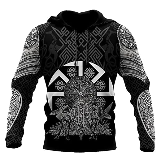Viking Wolf Tattoos Hoodie Med Dragkedja for Herrar,Norse Myth Kolovrat Symbol Harajuku Pullover Långärmad Tröja,Unisex Mode Vintage Lös Jacka Streetwear (Color : Pullover, Size : XL)