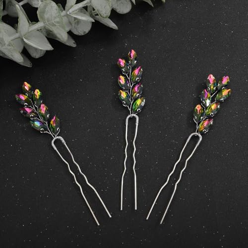 Rumtock 3pcs Colorful Rhinestones Beads Hair Pins for Women Girls Wedding Bridal Vintage Hair Styling Jewelry (Colorful)