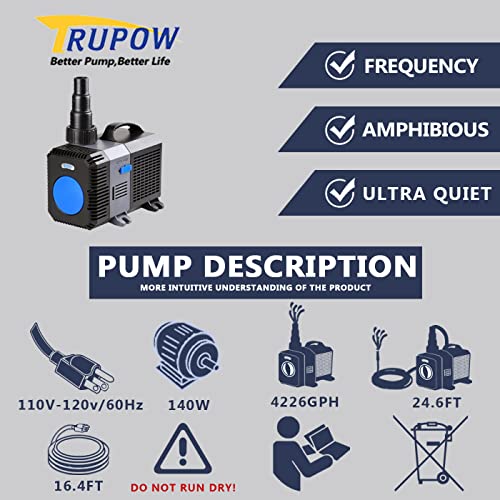 Image of TRUPOW 4226GPH Flow Frequency Electric Inline Garden Submersible Pond Filter Pump for Fish Tank Fountain Aquarium Waterfall Koi Salt Fresh Water