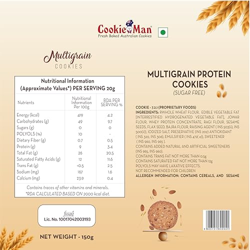 Image of CookieMan Sugar Free Atta Multigrain Protein Cookies - 150g | Perfect Healthy Protein Snack | Multigrain Atta Biscuit Pack | Protein Biscuits for All Ages (Pack of 3)