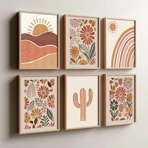 Image of kotart Boho Painting Wall Art Home Decoration Paintings With Frame For Living Room Bed Hotel Decor Digital Reprint Set Of 6 (14X20 Inch)