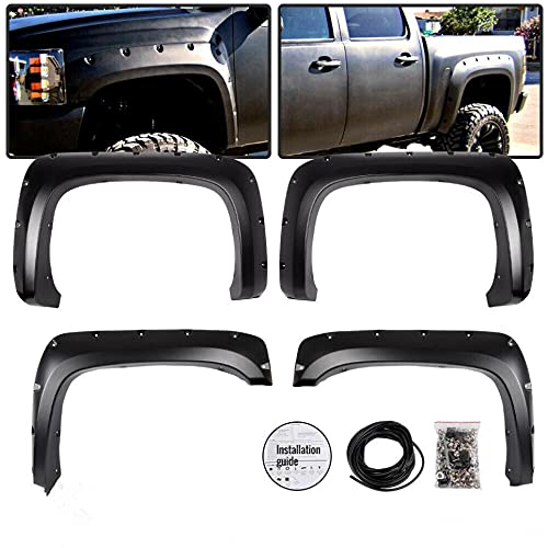 CHEDA Fender Flares Compatible With 2007-2014 Chevy Silverado 1500 2500HD 3500HD Fleetside New Body Style 78.0"/97.6" Bed Only(Do not fit Stepside Bed/Dually/Factory Mud Flaps)Pocket Riveted Style