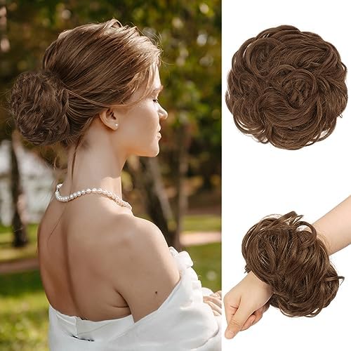 RUWISS Messy Bun Hair Pieces Hair Bun Scrunchies Extension Curly Wavy Messy Synthetic Bun Updo Hairpiece for Women Darkest Brown