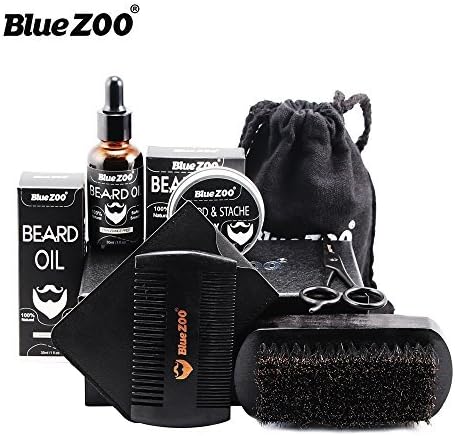 BlueZOO Beard Grooming & Trimming Kit Beard Growth Gift Set for Men Shaping & Moisturising with Unscented Leave-in Conditioner Oil, Mustache & Beard Balm Wax, Beard Brush, Beard Comb, Sharp Scissors
