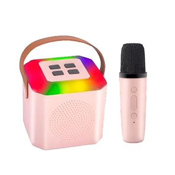 Portable Karaoke Machine with Wireless Microphone, LED Lights, Bluetooth, USB Type-C, Pink, 2-Piece Set