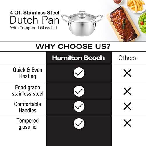 Hamilton Beach 4Qt Stainless Steel Belly Design Dutch Oven Pot With Glass Lid And Stay-Cool Riveted Handles, Multipurpose Stewpot Skillet, Compatible With All Stove Tops, Oven & Dishwasher Safe #TOP3
