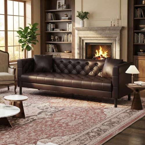 IDEALHOUSE Mid Century Modern Sofa 81 Inch – 3 Seater Faux Leather Couch with Tufted Back, Deep Seats and 2 Pillows, Apartment Sofa for Living Room, Dark Brown