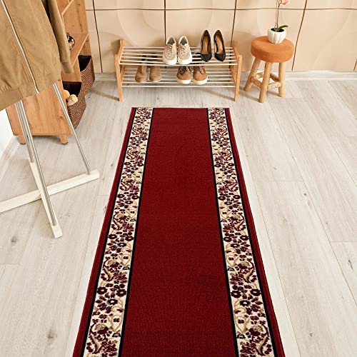 Custom Size Flower Bordered Design Red Color Rubber Backed Non-Slip Hallway Stair Runner Rug Carpet 26 Inch Wide by Your Length 26in x 6ft