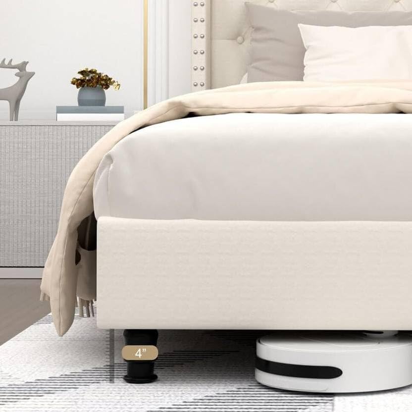 Image of Custom Decor Fabric Upholstered King Size Bed with Button Tufted Headboard for Bedroom || Solid Wood Bed | (Ivory Dutton, King (U.K. Standard))