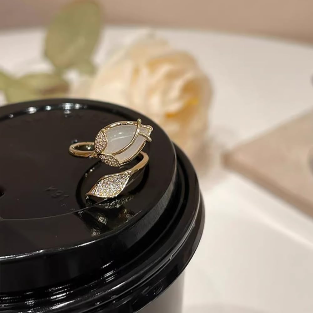 Kokoma CZ Tulip Ring for Women Crystal Flower Wrap Finger Band Open Statement Promise Rings Engagement Band Adjustable - Image 5