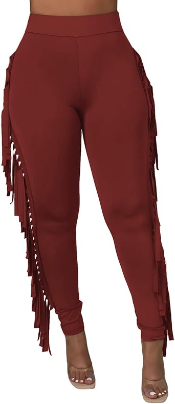 Ruziyoog Womens Casual High Waist Fringed Pants Bodycon Stretch Slim Tassels Side Jogger Sweatpants Leggings Workout Pants