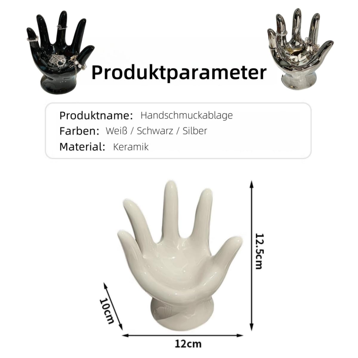 Ceramiczna ręczna miska na biżuterię – z półką na palce, antypoślizgowa i odporna na zarysowania (biała/czarna/srebrna) – praktyczny organizer na klucze, pierścionki i kolczyki (biały + czarny)