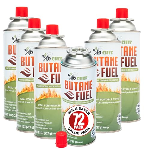 Jo Chef Butane Fuel Canister, 8 oz Butane Cylinder - Pure Refined Butane Gas for Camping Stove or Use with Creme Brulee Blow Torch, 72 Cans